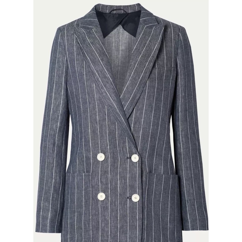 Max Mara-‎ Bellico Double Breasted Pinstripe Linen Blazer Size 10 US 44 IT